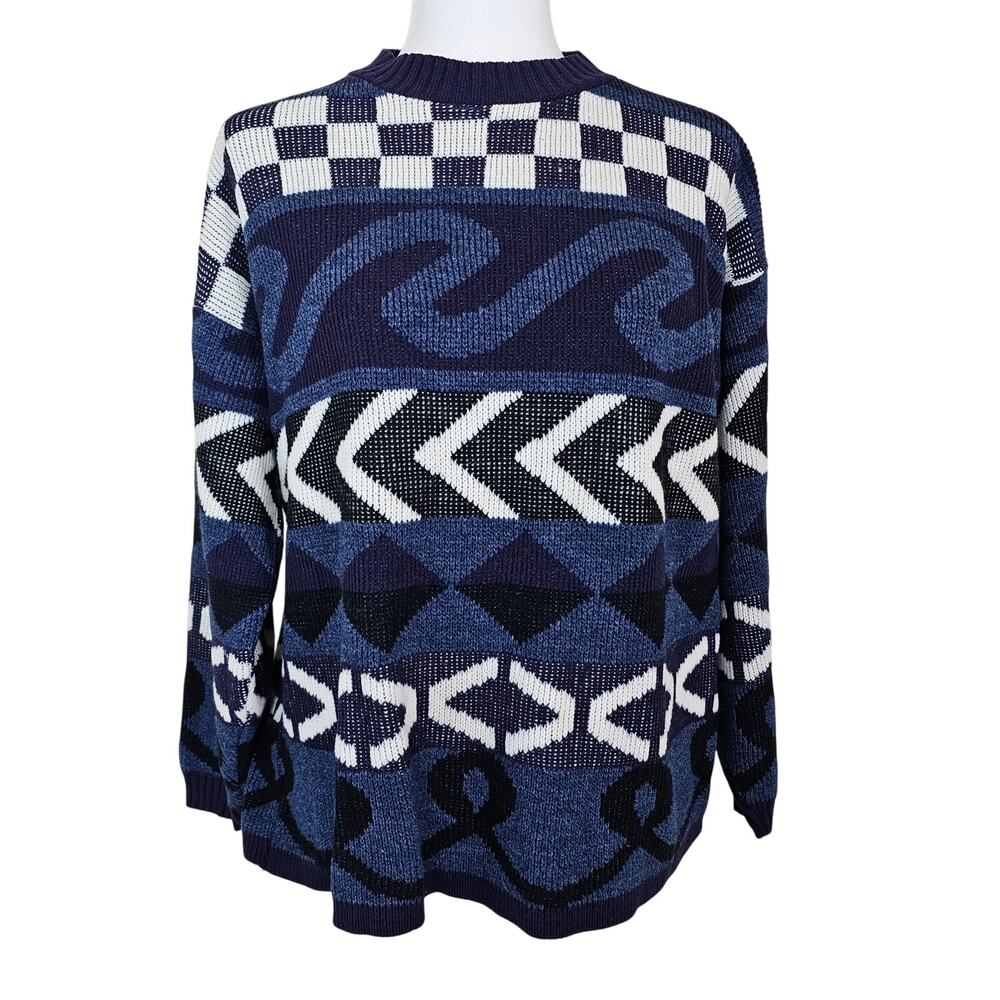 Vintage JJ Browne M/L Unisex Abstract Blue Sweater Knit Pullover 80s 90s Retro